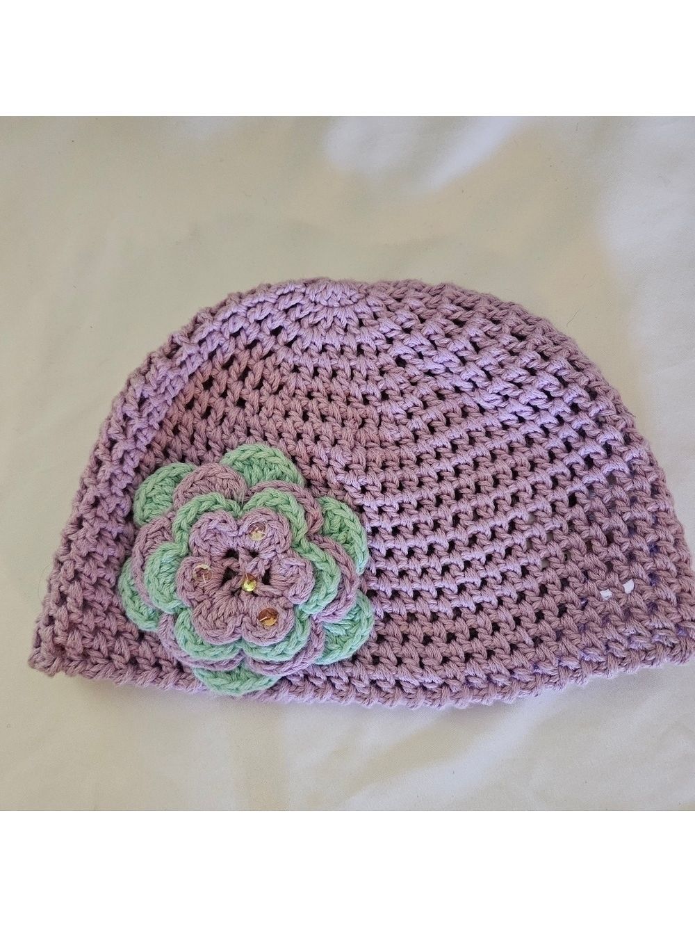 Hand Crafted upcycle crochet lavander Beanie handmade flower grannycore girl hat - Picture 8 of 17